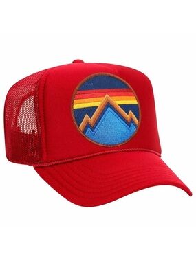 Aviator Nation Red All Seasons Circle Trucker Hat with Multicolor Mountain Patch